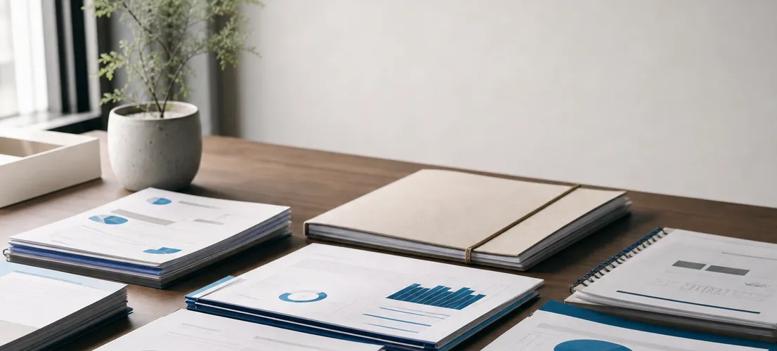 Documentos organizados representando un activo de contenido B2B construido de forma progresiva