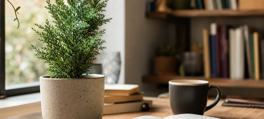 Escritorio con cuaderno y planta perenne que representa la idea de contenido evergreen que permanece útil con el tiempo