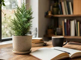 Escritorio con cuaderno y planta perenne que representa la idea de contenido evergreen que permanece útil con el tiempo