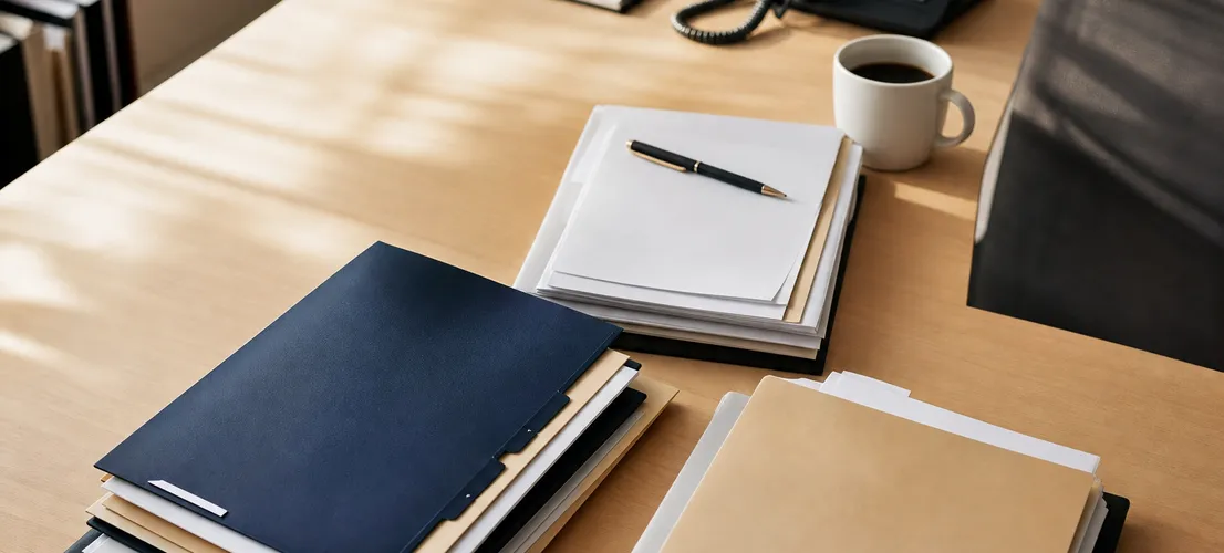 Documentos organizados en un escritorio representando activos de contenido para ventas listos para reutilizar