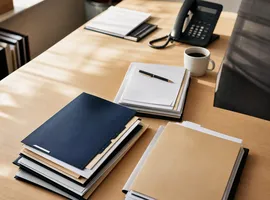 Documentos organizados en un escritorio representando activos de contenido para ventas listos para reutilizar