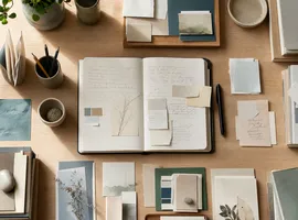 Mesa de trabajo con un documento central rodeado de notas, representando una biblioteca de contenido propio