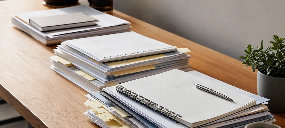 Escritorio con documentos organizados que representan un activo de contenido acumulado en el tiempo