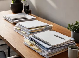 Escritorio con documentos organizados que representan un activo de contenido acumulado en el tiempo