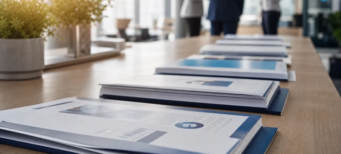 Documentos de contenido B2B organizados en una mesa de oficina, sugiriendo aceleración de distribución