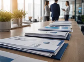 Documentos de contenido B2B organizados en una mesa de oficina, sugiriendo aceleración de distribución