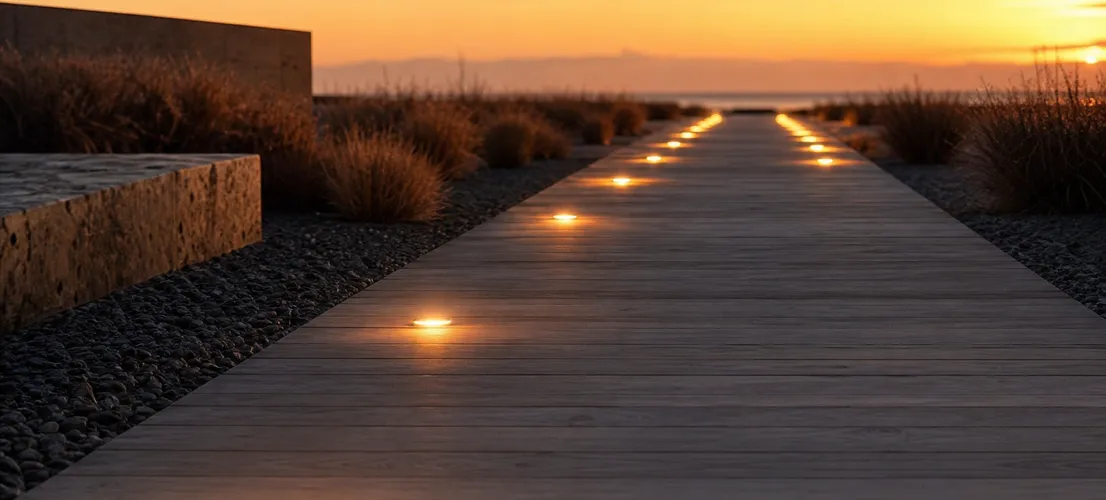 Sendero iluminado progresivamente al atardecer, símbolo del impulso inicial de un lanzamiento de contenido