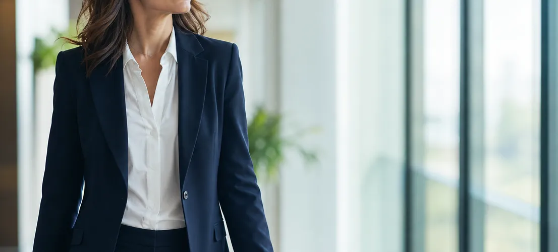 Profesional avanzando con paso firme en una oficina luminosa, como metáfora de acelerar resultados con contenido ya construido