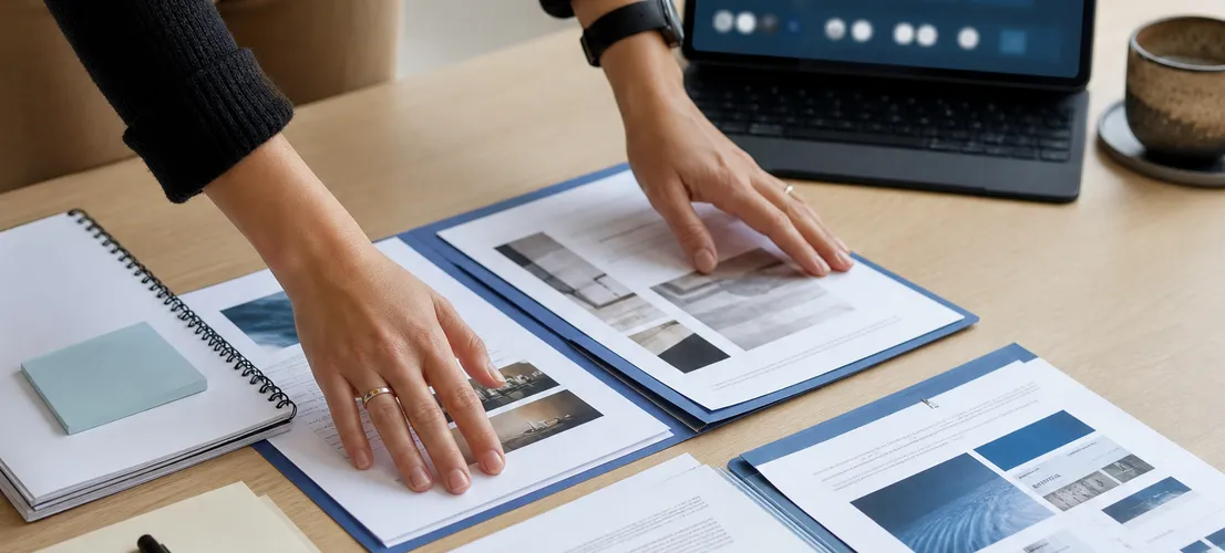 Mesa de trabajo con documentos de contenido organizados como base de una campaña publicitaria digital