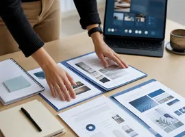 Mesa de trabajo con documentos de contenido organizados como base de una campaña publicitaria digital