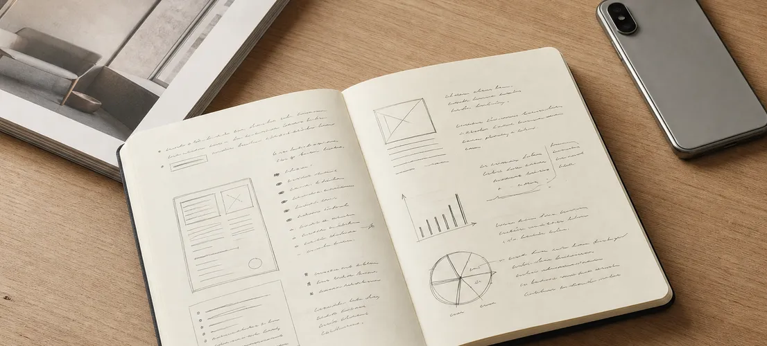 Cuaderno de contenido central rodeado de elementos que representan SEO, redes y ads combinados