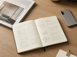 Cuaderno de contenido central rodeado de elementos que representan SEO, redes y ads combinados