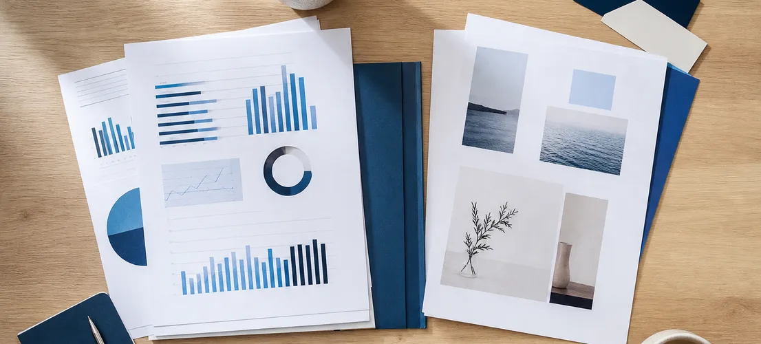 Documentos de publicidad y contenido convergiendo sobre una mesa, representando una estrategia integrada de ads y contenido