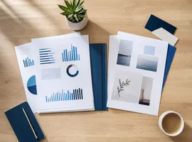 Documentos de publicidad y contenido convergiendo sobre una mesa, representando una estrategia integrada de ads y contenido