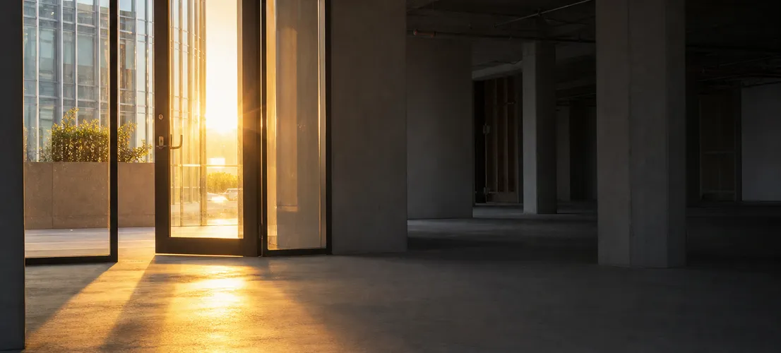 Entrada iluminada de un edificio hacia un espacio interior vacío, metáfora de tráfico sin confianza de marca