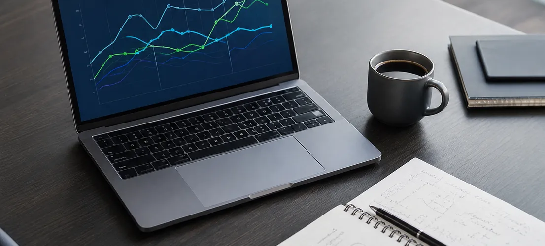 Escritorio con gráficos de tendencia mostrando cómo medir si la inversión en ads impulsa resultados