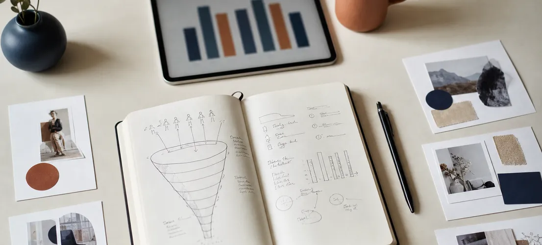 Mesa de trabajo con boceto de embudo de marketing y gráfica, representando cómo combinar ads y contenido para reducir el CAC