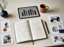 Mesa de trabajo con boceto de embudo de marketing y gráfica, representando cómo combinar ads y contenido para reducir el CAC