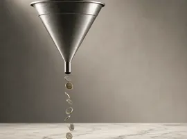 Monedas cayendo por un embudo hacia una superficie vacía, representando presupuesto de ads desperdiciado