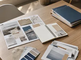 Materiales de marketing dispersos sobre una mesa representando la fragmentación de trabajar con freelancers separados