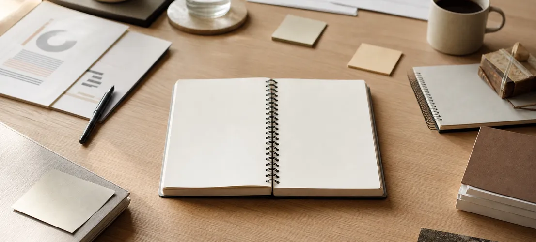 Mesa de trabajo con documentos dispersos convergiendo hacia un sistema de contenido B2B organizado