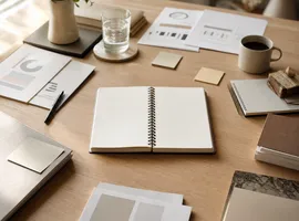 Mesa de trabajo con documentos dispersos convergiendo hacia un sistema de contenido B2B organizado