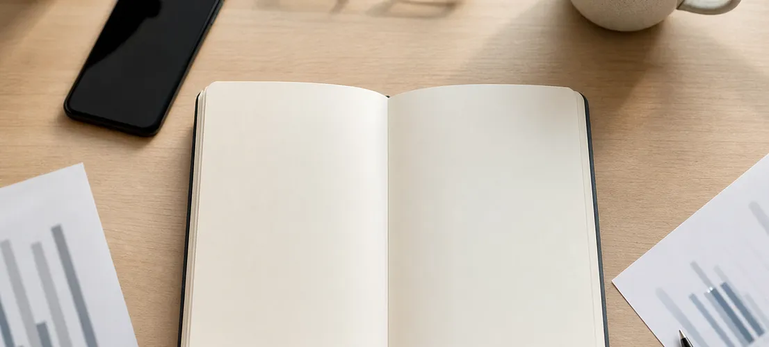 Escritorio ordenado con cuaderno y gráficos que representa el equilibrio en el mix de captación de marketing
