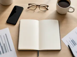 Escritorio ordenado con cuaderno y gráficos que representa el equilibrio en el mix de captación de marketing