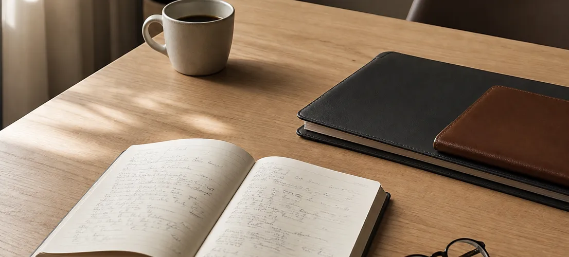 Mesa de despacho ordenada con cuaderno y documentos, símbolo del criterio en servicios profesionales