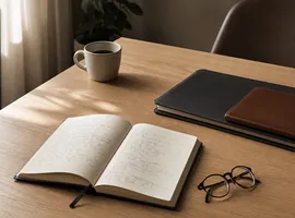 Mesa de despacho ordenada con cuaderno y documentos, símbolo del criterio en servicios profesionales