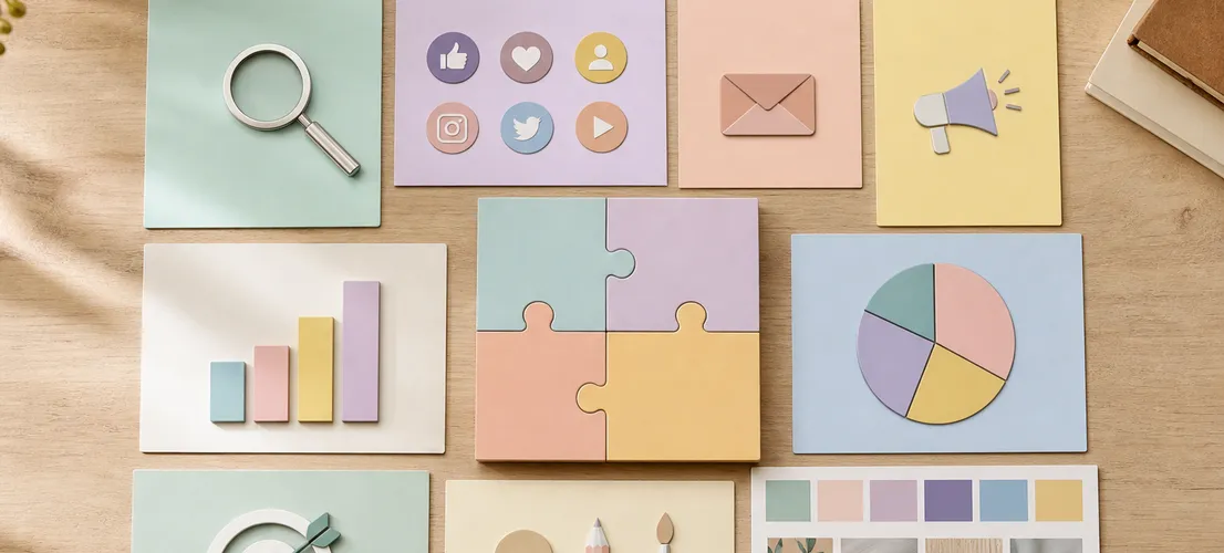 Elementos de SEO, redes y branding organizados como un sistema único de marketing