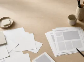 Mesa de trabajo con páginas en blanco junto a páginas ya estructuradas, representando una web vacía ganando contenido