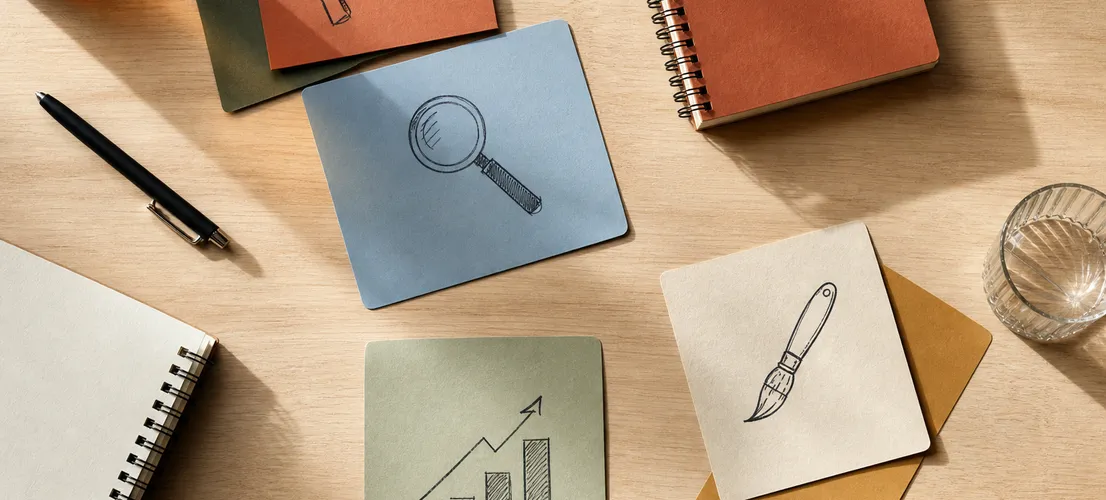 Elementos de marketing dispersos sobre una mesa representando la fragmentación entre SEO, redes y ads