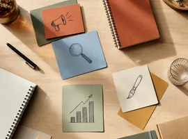 Elementos de marketing dispersos sobre una mesa representando la fragmentación entre SEO, redes y ads