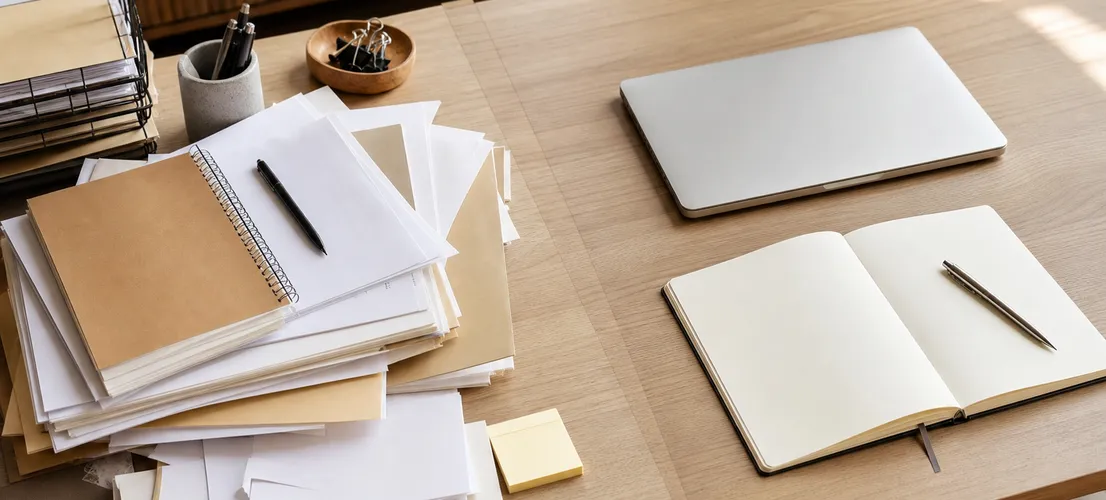 Escritorio dividido entre proceso de marketing tradicional y flujo de trabajo más ordenado