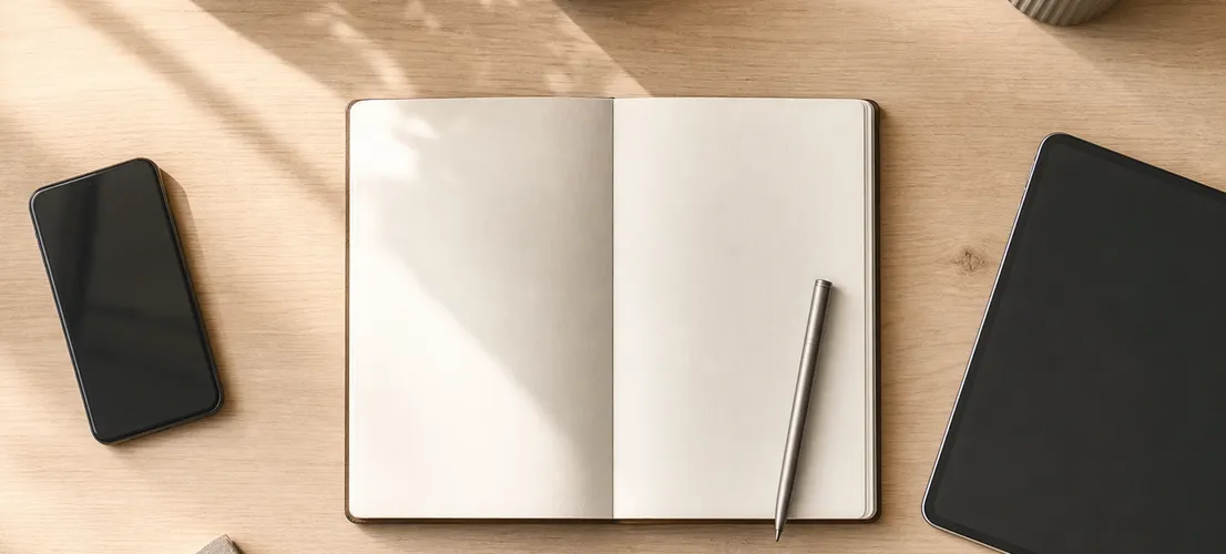 Escritorio ordenado con dispositivos representando cómo un mismo contenido alimenta blog, redes y anuncios