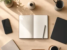 Escritorio ordenado con dispositivos representando cómo un mismo contenido alimenta blog, redes y anuncios