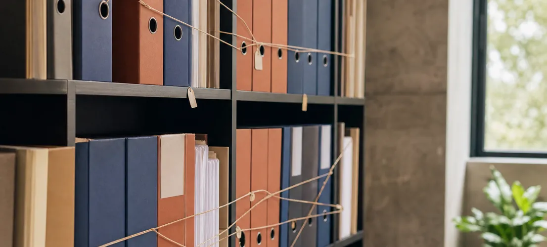 Estantería de carpetas conectadas entre sí, representando una biblioteca de contenido frente a servicios sueltos de agencia SEO