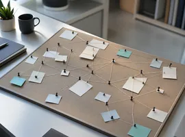 Tablero de planificación con tarjetas conectadas que representa un motor de contenido compuesto