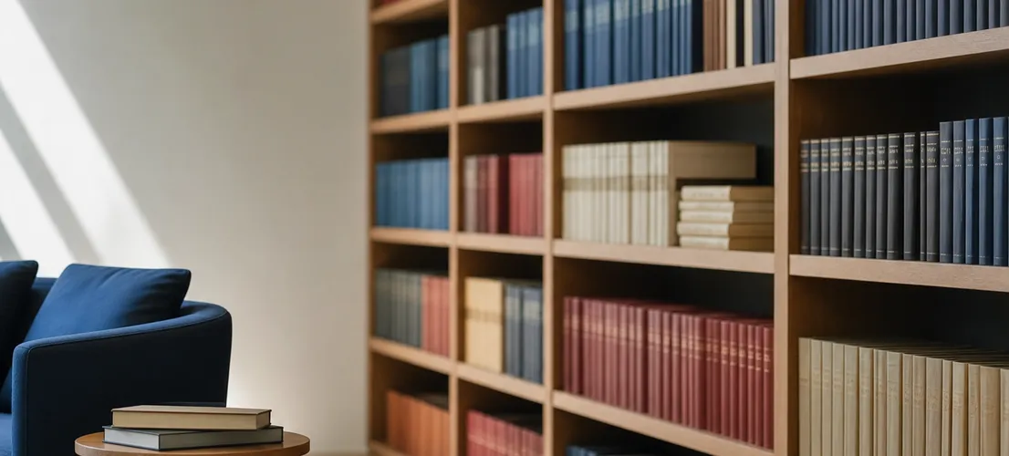 Estantería ordenada por bloques temáticos como metáfora de una biblioteca de contenido SEO propia