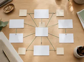 Mapa de contenido conectado sobre una mesa representando cómo construir autoridad temática con planificación