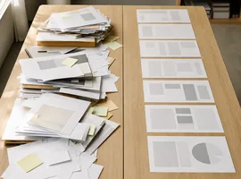 Comparación visual entre un proceso de trabajo desordenado y un contenido organizado con autoridad temática