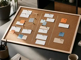 Tablero de planificación editorial con tarjetas de contenido desconectadas, representando un sistema de contenido incompleto