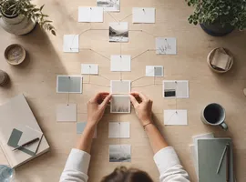 Tarjetas de contenido organizadas y conectadas sobre una mesa, representando una biblioteca de contenido SEO