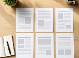 Mesa de trabajo organizada con hojas de contenido en proceso, representando cómo reducir el coste del SEO por pieza