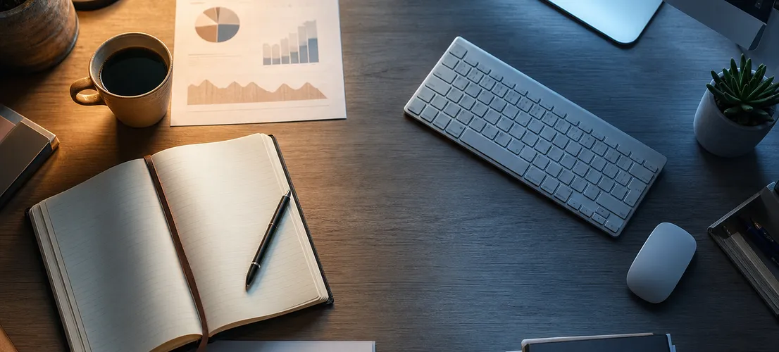 Escritorio dividido entre trabajo de contenido orgánico y gestión de campañas de pago, simbolizando el equilibrio SEO-Ads