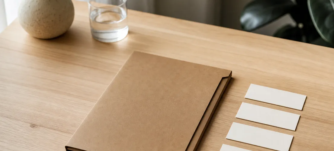 Carpeta cerrada y fichas ordenadas representando un servicio de SEO productizado con alcance definido