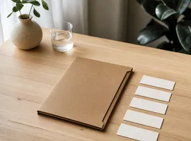 Carpeta cerrada y fichas ordenadas representando un servicio de SEO productizado con alcance definido