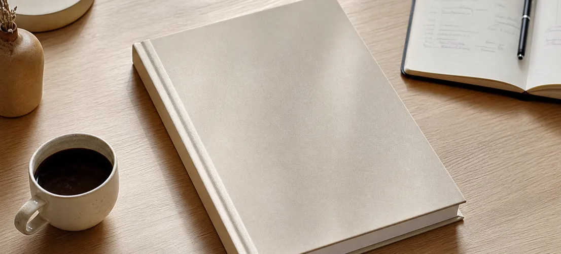Dossier de contenido cerrado sobre una mesa, como metáfora de un paquete SEO sin cuota mensual