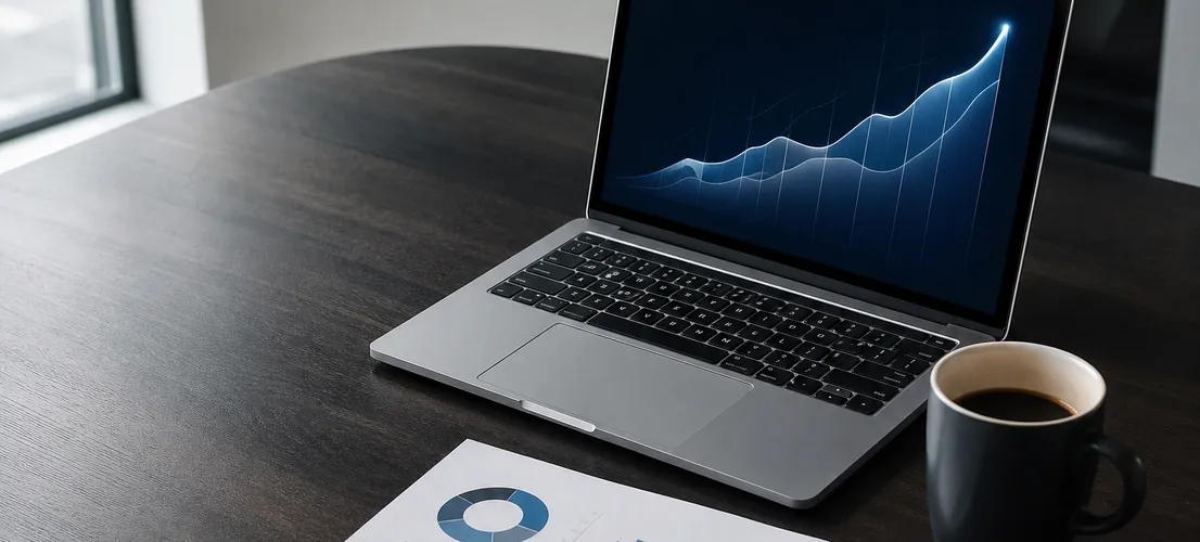 Escritorio de trabajo con gráfica de crecimiento, ejemplo de enfoque en tráfico para una alternativa a community manager B2B